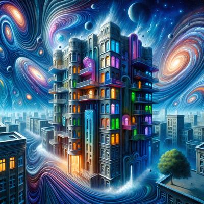 The primary subject of the image is a large, colorful building with many windows. The building is situated in a cityscape, surrounded by other buildings. The visual style of the image is digital art, with a vibrant and lively atmosphere. The colors and mood of the image are predominantly bright and cheerful, with a sense of whimsy and creativity.
